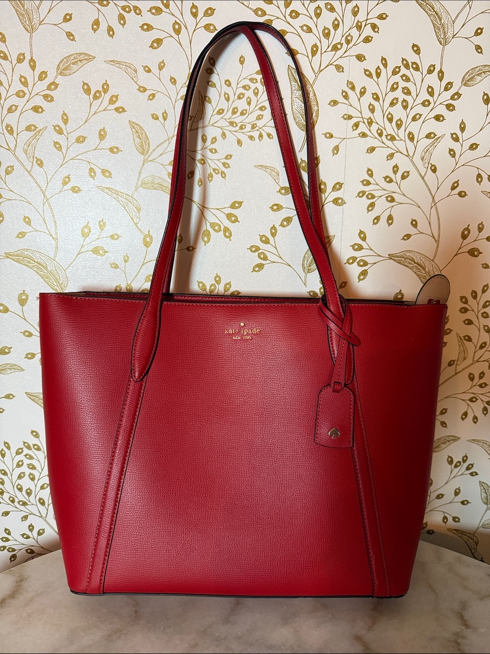 kate spade Red Leather Tote with Luggage Tag